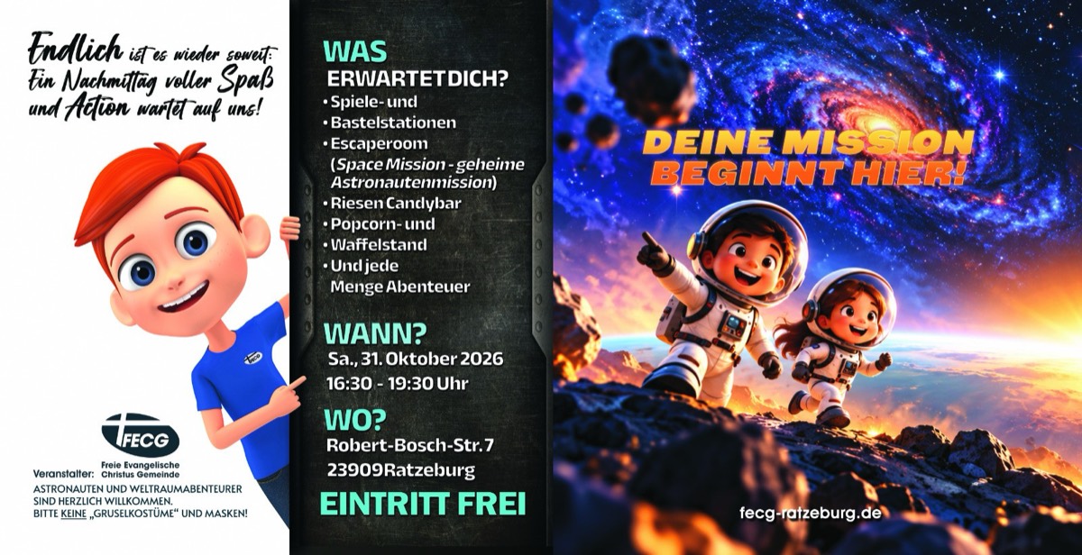Spaß ohne Gruseln – Samstag, 31. Oktober 2026, 16:30–19:30 Uhr, Robert-Bosch-Straße 7, 23909 Ratzeburg. Eintritt frei.